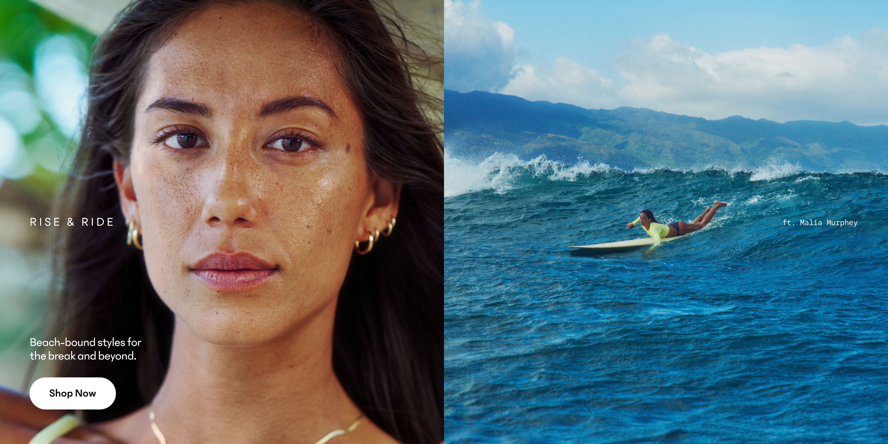 Split image: close-up of a person wearing beach jewelry, and a surfer paddling on a blue wave with mountains; text “Rise & Ride.”