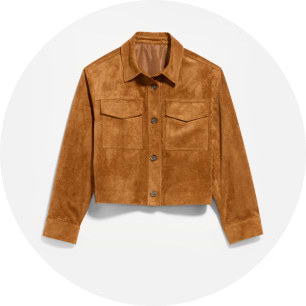 Brown suede collared jacket, cropped length, button front, two chest flap pockets.