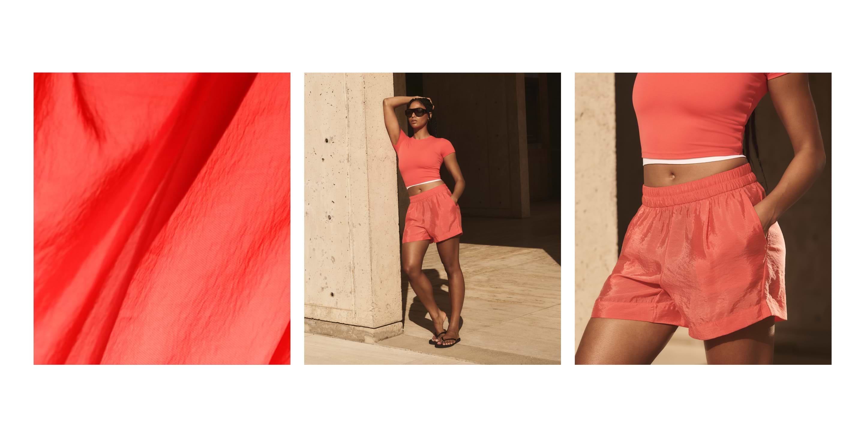 Woman wearing coral shorts and crop top in sunlight; close-ups show shiny coral fabric and elastic‑waist shorts with pockets.