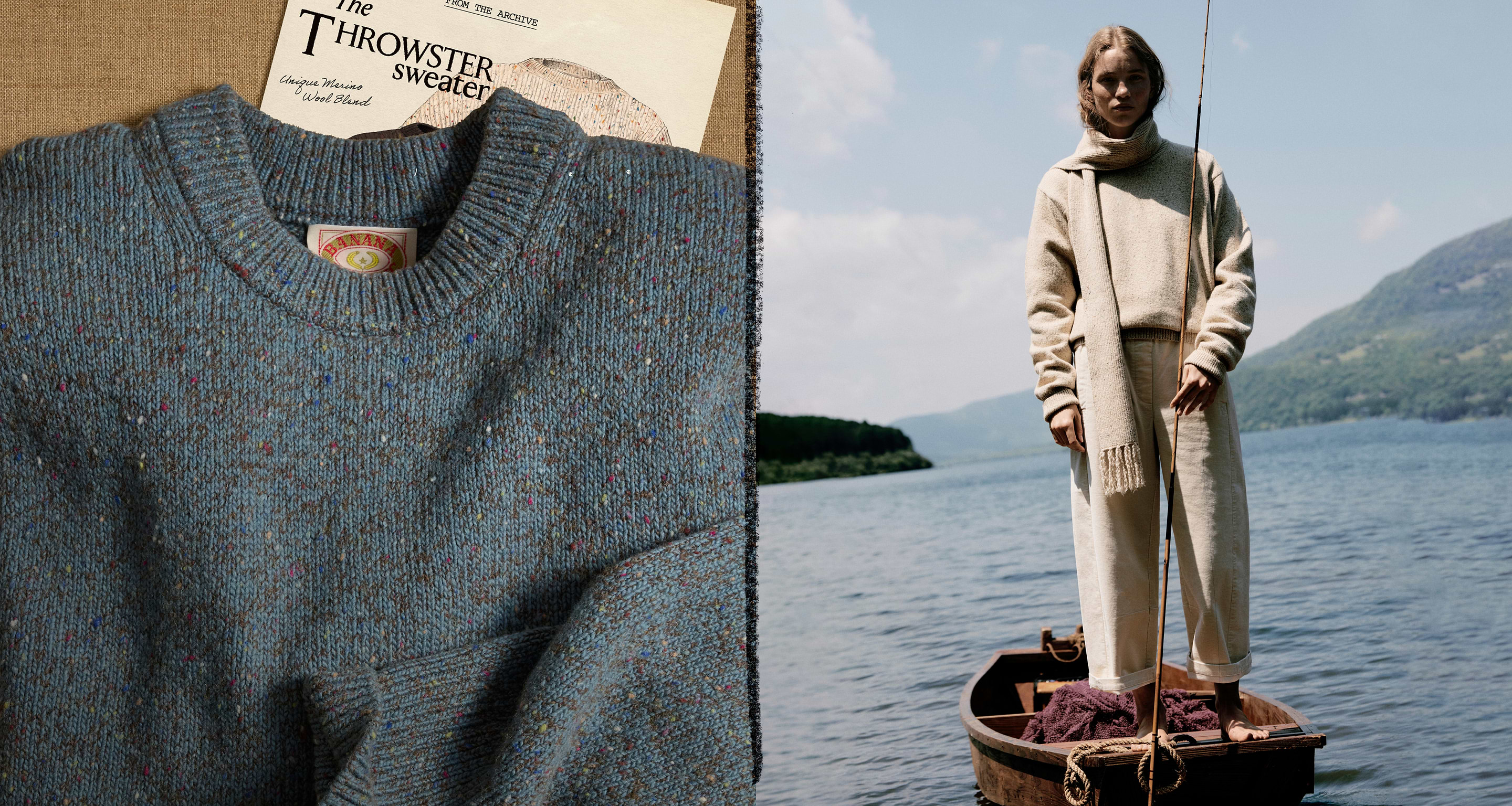 Split image: close-up of a blue speckled knit sweater; beside it, a person in a cream sweater and scarf stands barefoot on a small wooden boat on a lake with mountains in the background.