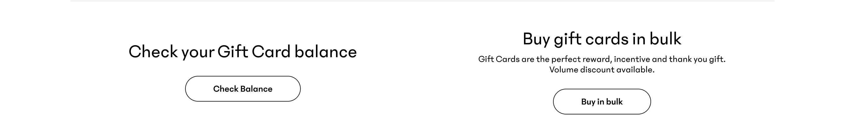 Web section offering two options: “Check your Gift Card balance” (button: Check Balance) and “Buy gift cards in bulk” (button: Buy in bulk).