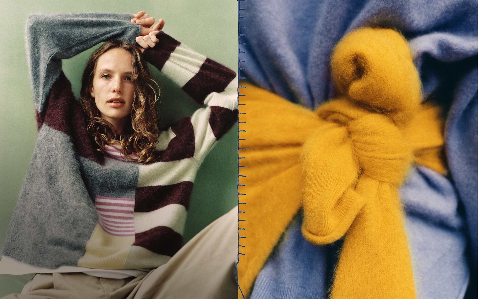 Person in a color‑block cashmere sweater poses with arms raised; beside them, a close-up shows a mustard-yellow knit tied around a blue sweater.