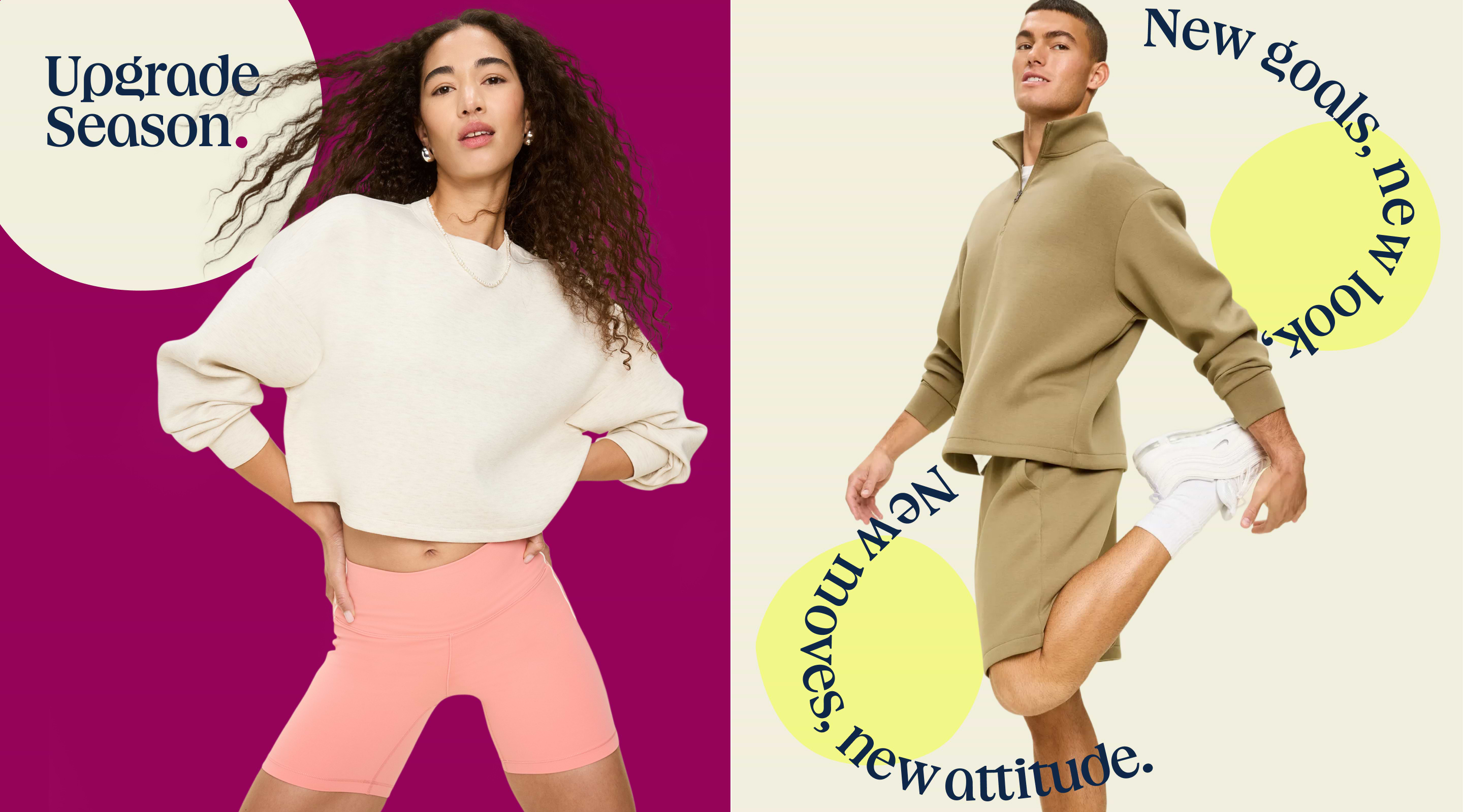 two ads for the same brand of clothing with a man and woman