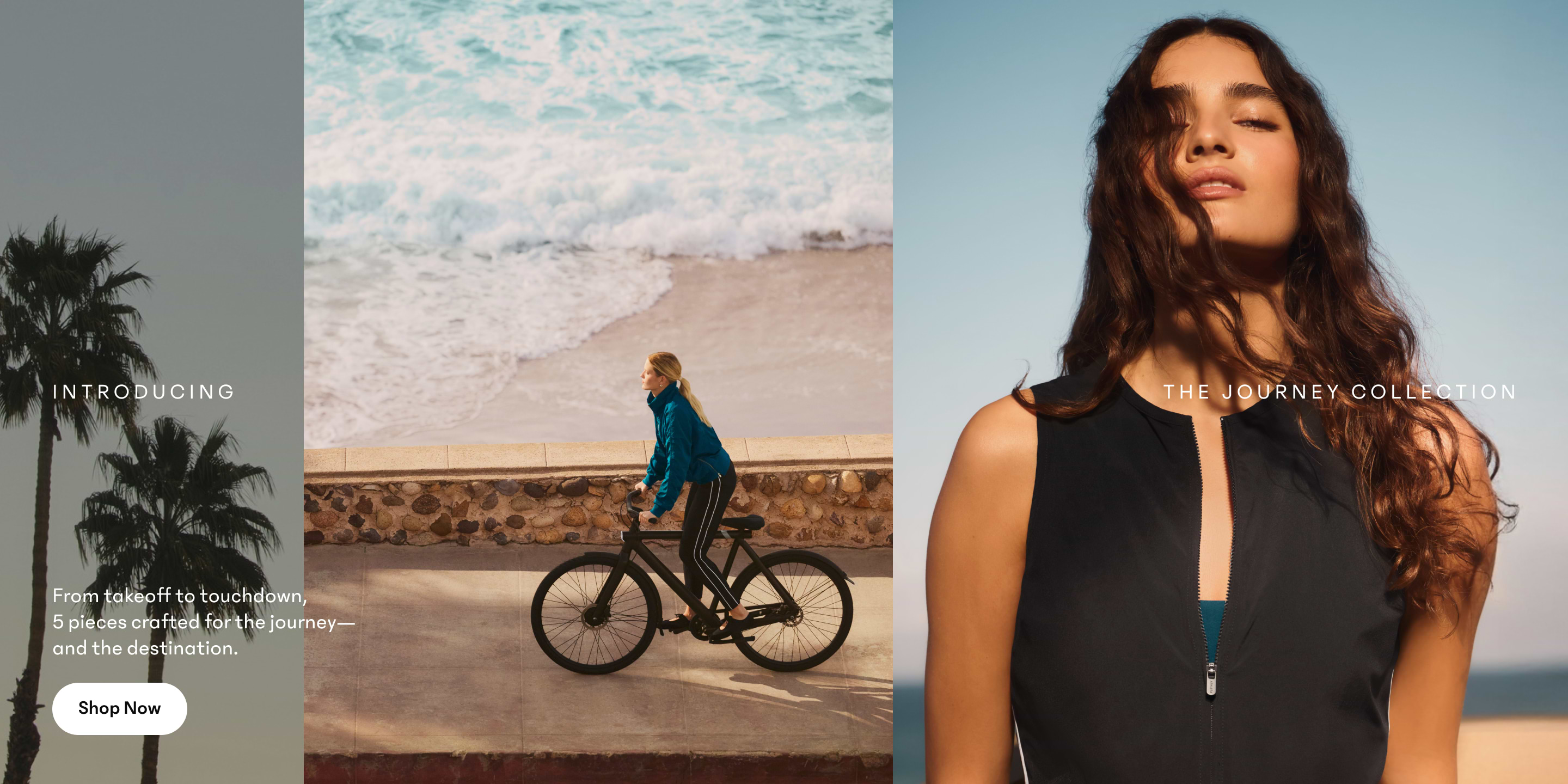 “The Journey Collection”: palm trees, a person cycling along the ocean