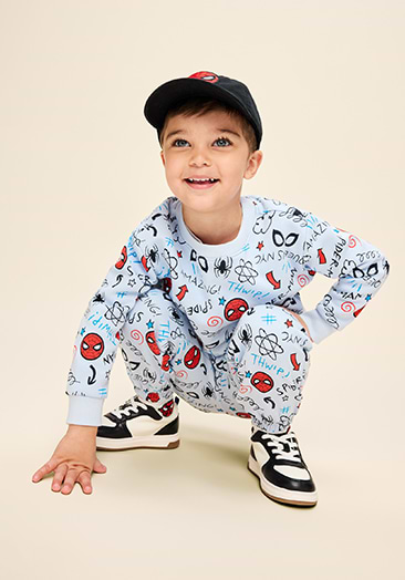 Image of a boy model wearing the Old Navy x Marvel Spider-man collection.