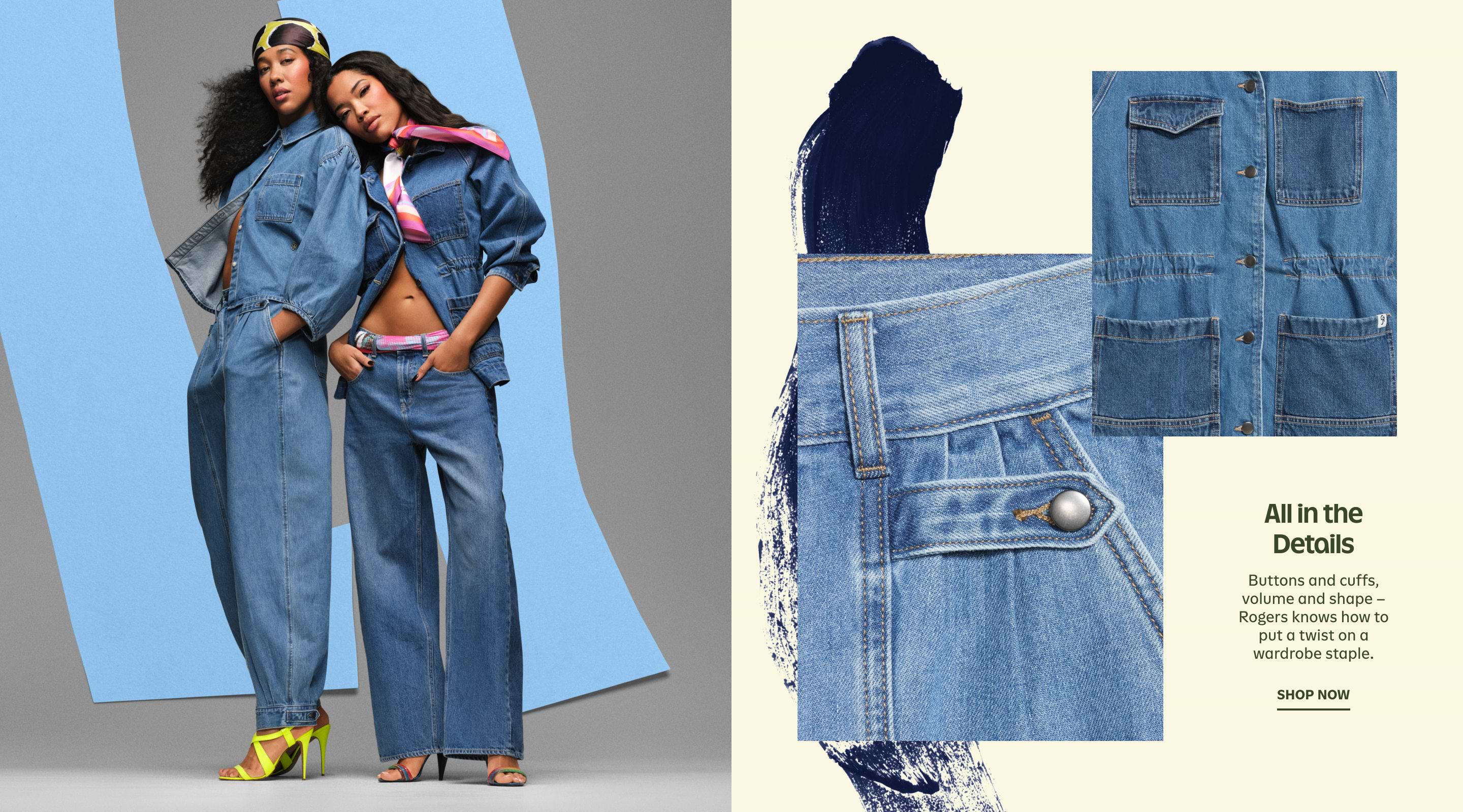 Two models in blue denim outfits pose against a studio backdrop; on the right, close‑up panels highlight denim pockets, buttons, and cuff details with the text “All in the Details” and a “Shop Now” callout.