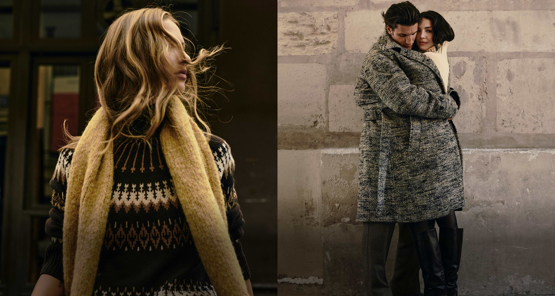 Split image: left, a wavy‑haired person in a patterned sweater and mustard scarf; right, two people in long wool coats hugging against a stone wall.