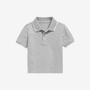 Light gray short-sleeve polo shirt with button placket and white piping.